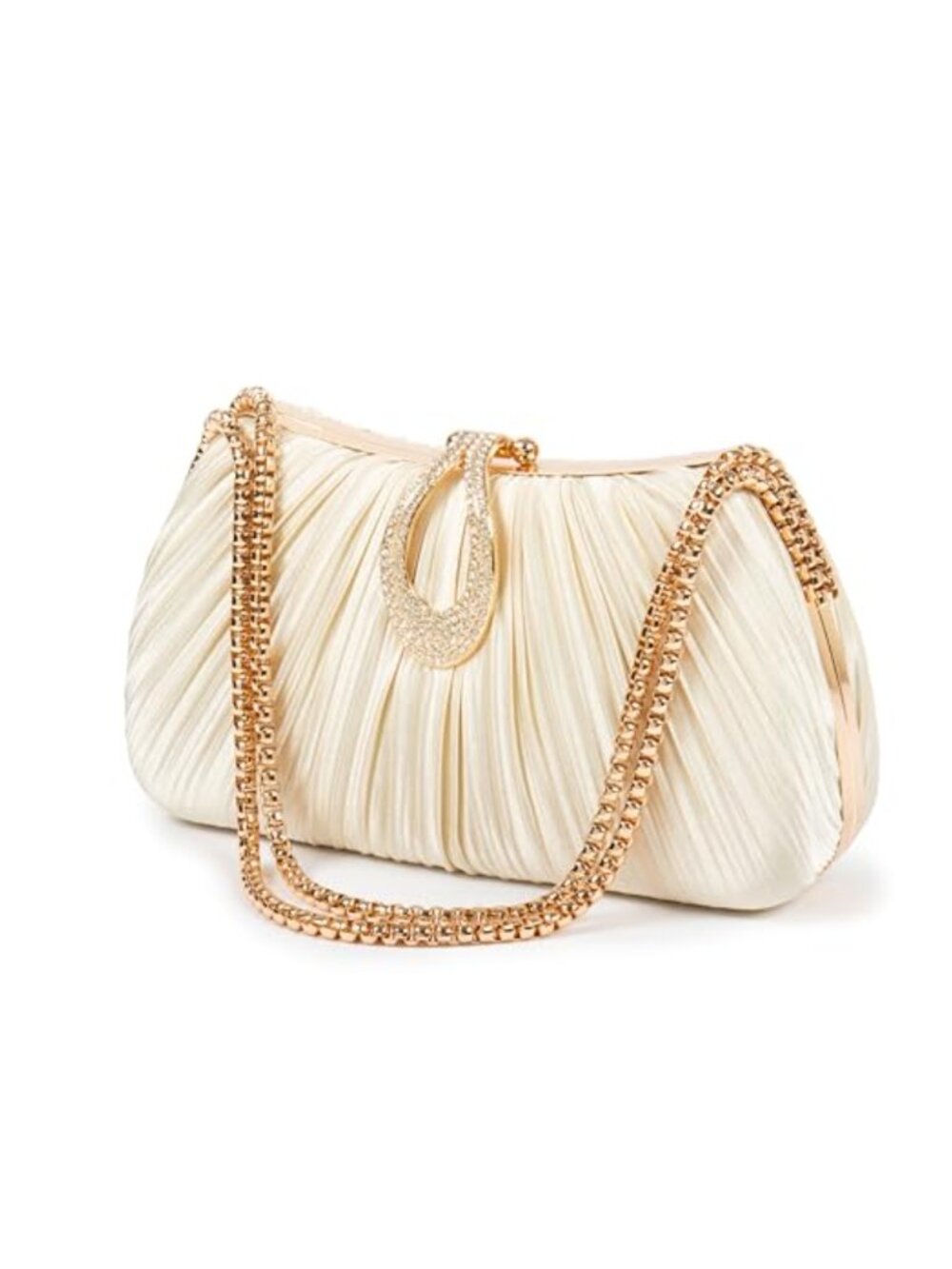 Pleated Satin Clutch Evening Bag Rhinestone Clasp Detachable Chain